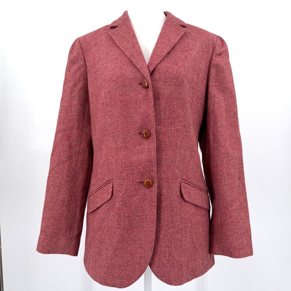 Lands' End Womens Pink Herringbone 100% Wool Blazer Jacket Size 8 Preppy Office
